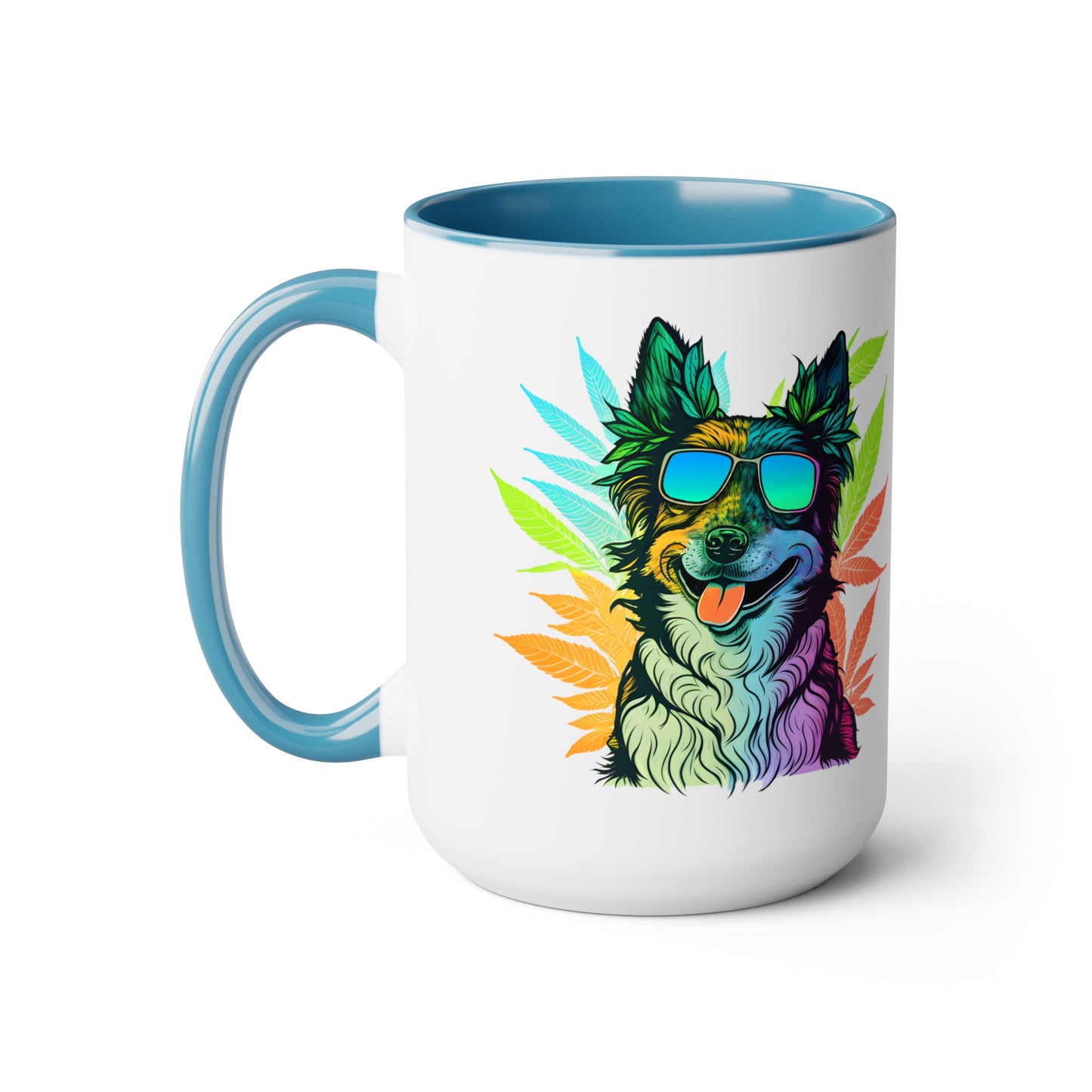 a Cannabis Border Collie mug with an image of a dog wearing sunglasses.