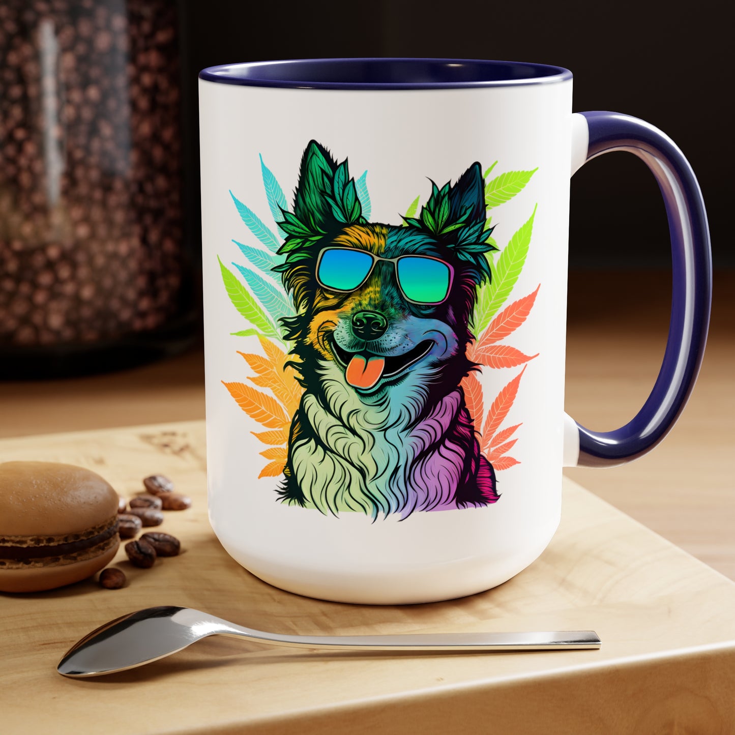 a Cannabis Border Collie Mug with an image of a dog wearing sunglasses.
