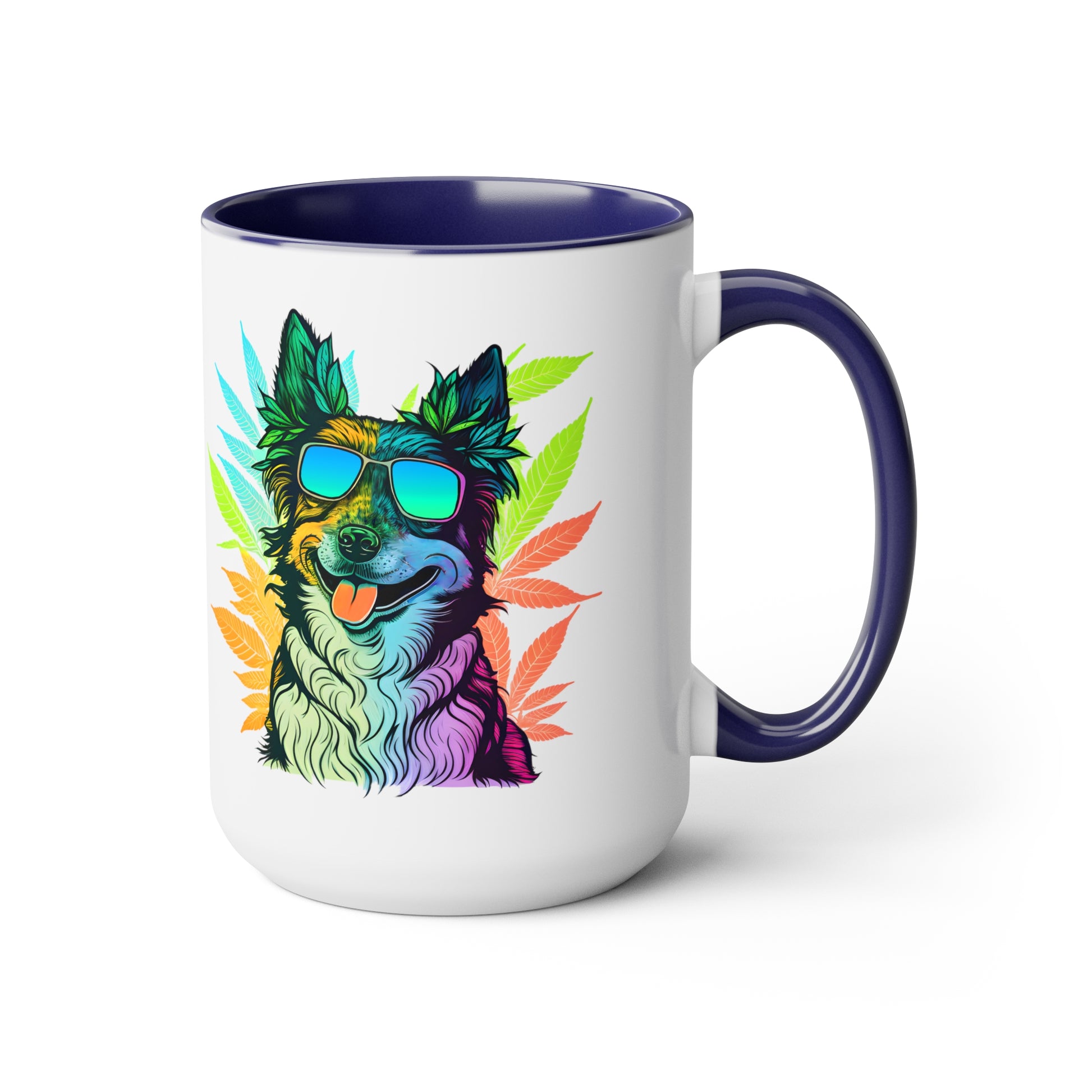 A Cannabis Border Collie Mug with an image of a dog wearing sunglasses.