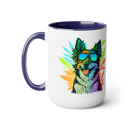 a Cannabis Border Collie Mug with an image of a dog wearing sunglasses.