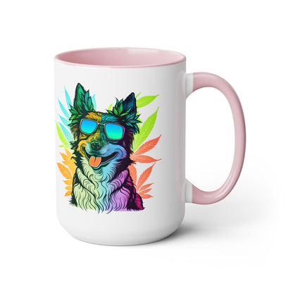 a Cannabis Border Collie Mug with an image of a dog wearing sunglasses.