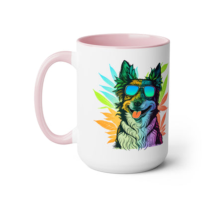 a Cannabis Border Collie mug with an image of a dog wearing sunglasses.