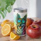 a Cannabis Border Collie Tumbler with an image of a dog wearing sunglasses next to oranges.