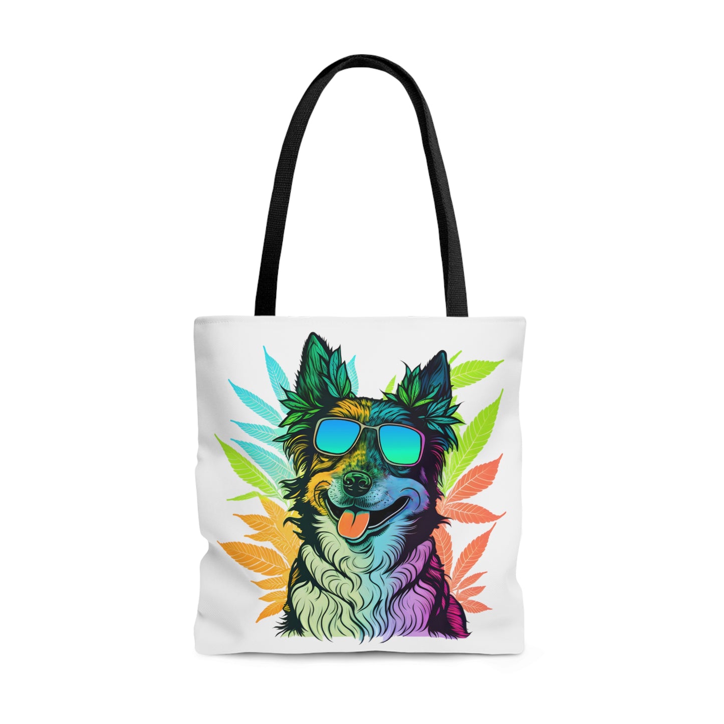 Cool Border Collie With Shades and Weed Tote Bag that has black straps and the graphic is placed on a white background