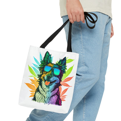 A man in blue jeans is walking confidently with his new Cool Border Collie With Shades and Weed Tote Bag with a border collie that has the hair on top of it's head shaped like cannabis leaves and cool neon like colors throughout