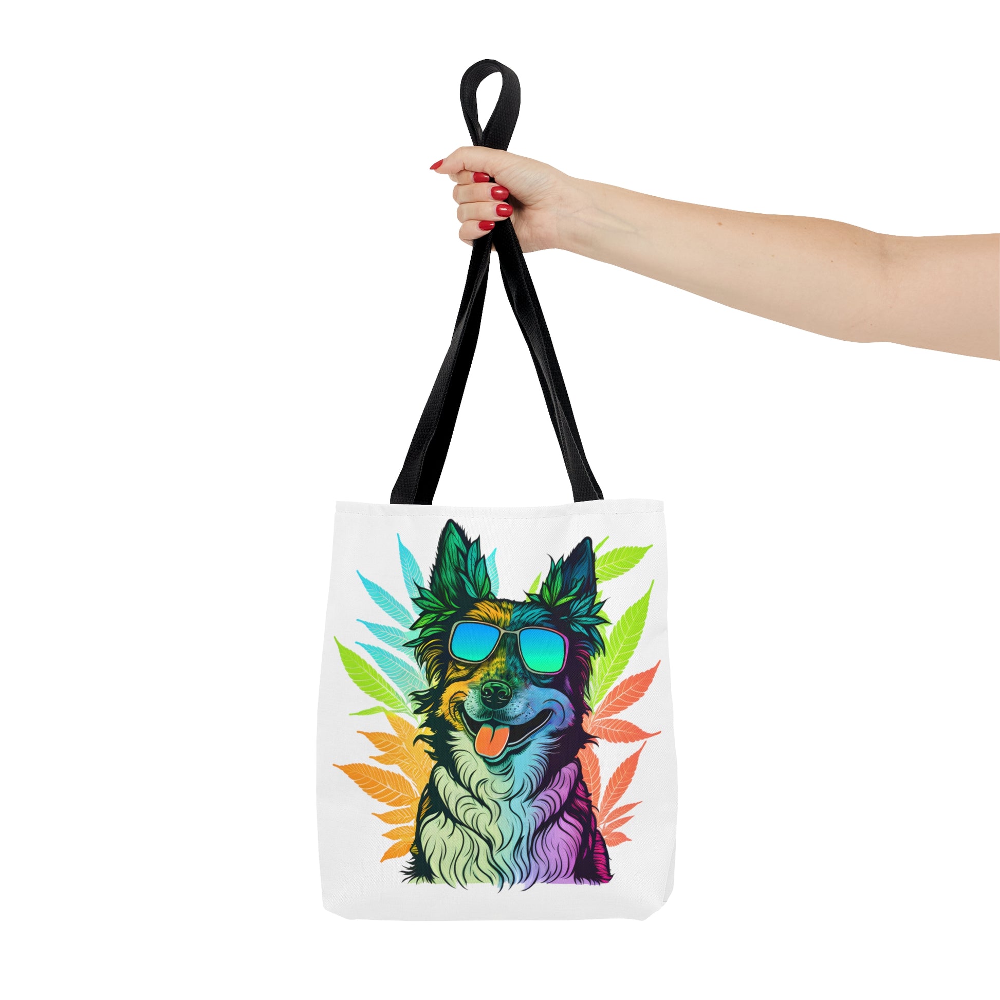 Cool Border Collie With Shades and Weed Tote Bag has vibrant explosive coloring that pops and represents the true culture of cannabis handbags