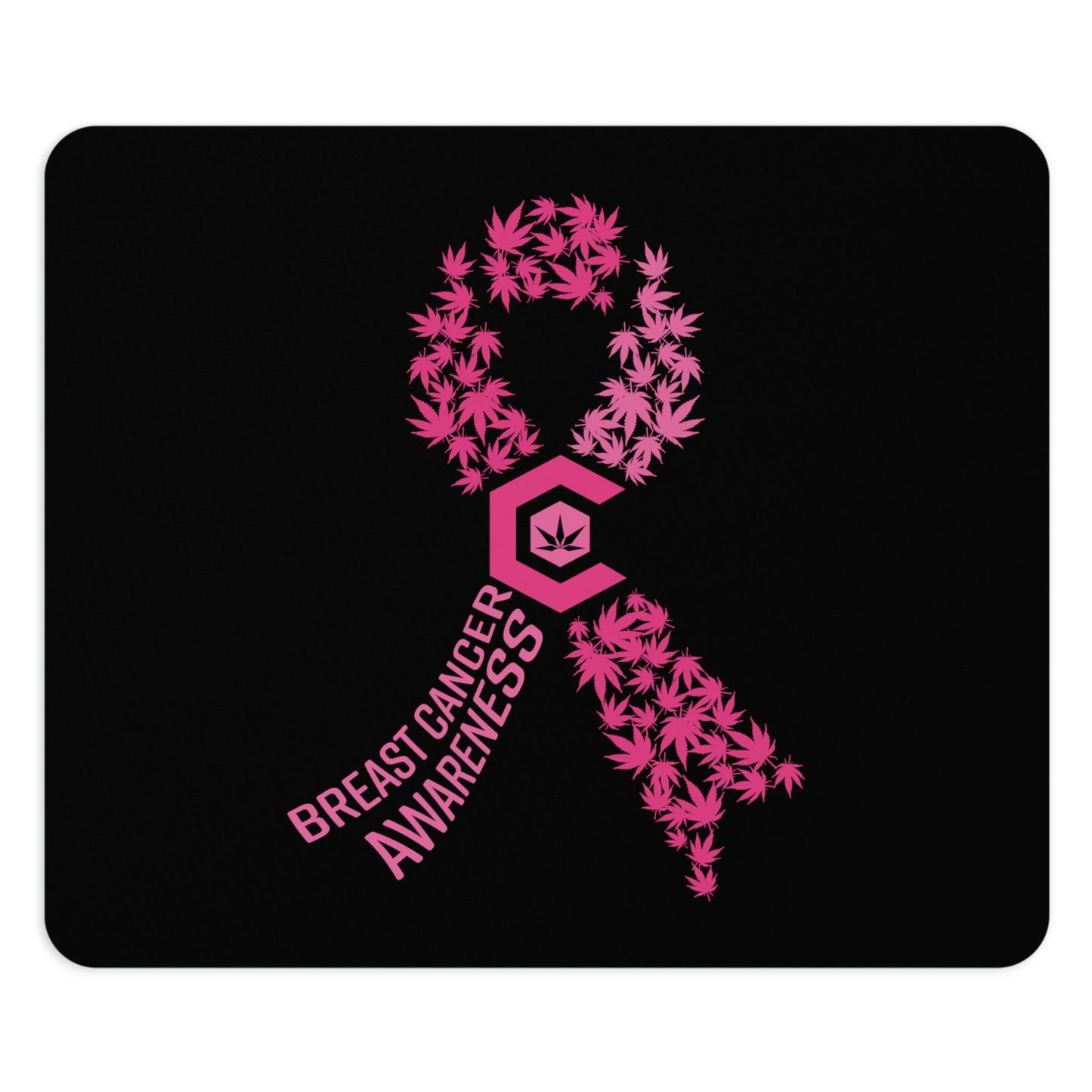 This awesome square Breast Cancer Awareness Mouse Pad is shown close up with pink cannabis leaves forming part of the ribbon and the words breast cancer awareness forming the other part of the iconic design.
