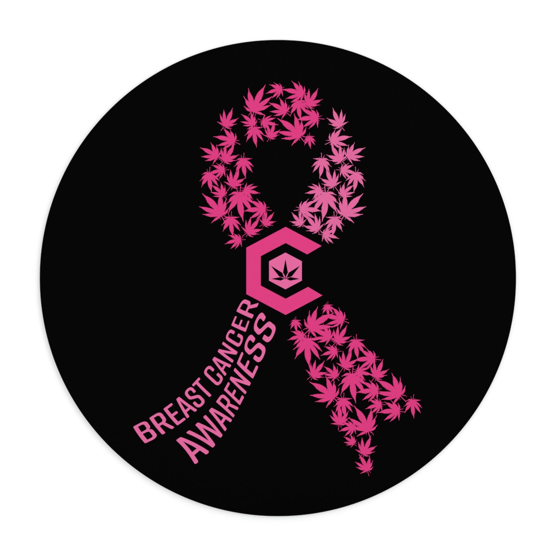 A round Breast Cancer Awareness Mouse Pad with black background.