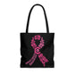 The black and pink Breast Cancer Awareness Tote Bag with pink cannabis leaves and ultra sleek black handles