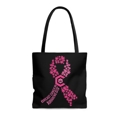 The black and pink Breast Cancer Awareness Tote Bag with pink cannabis leaves and ultra sleek black handles