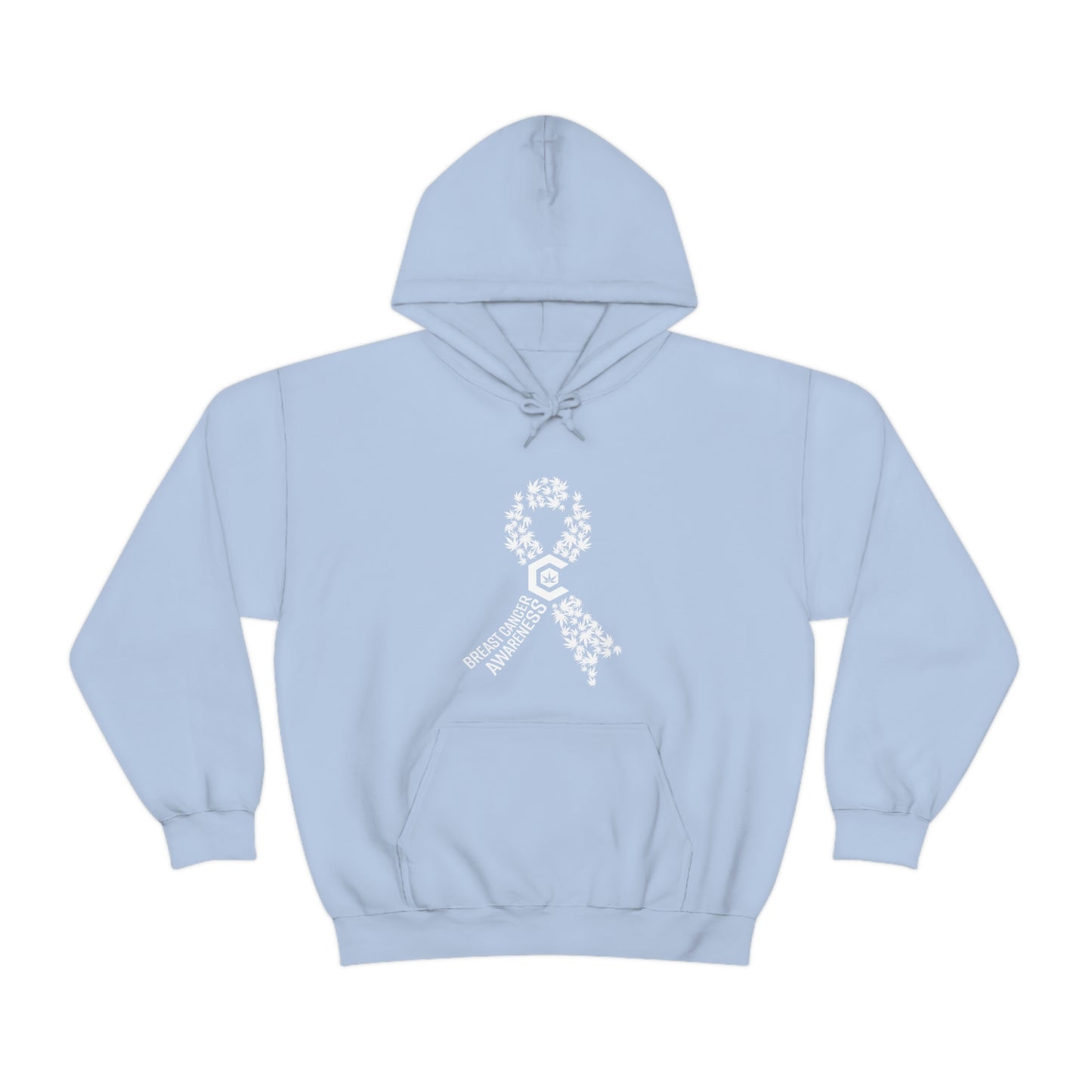 a Breast Cancer Awareness Cannabis Pullover Hoodie with a white ribbon on it.