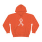 A Breast Cancer Awareness Cannabis Pullover Hoodie with a white ribbon on it.