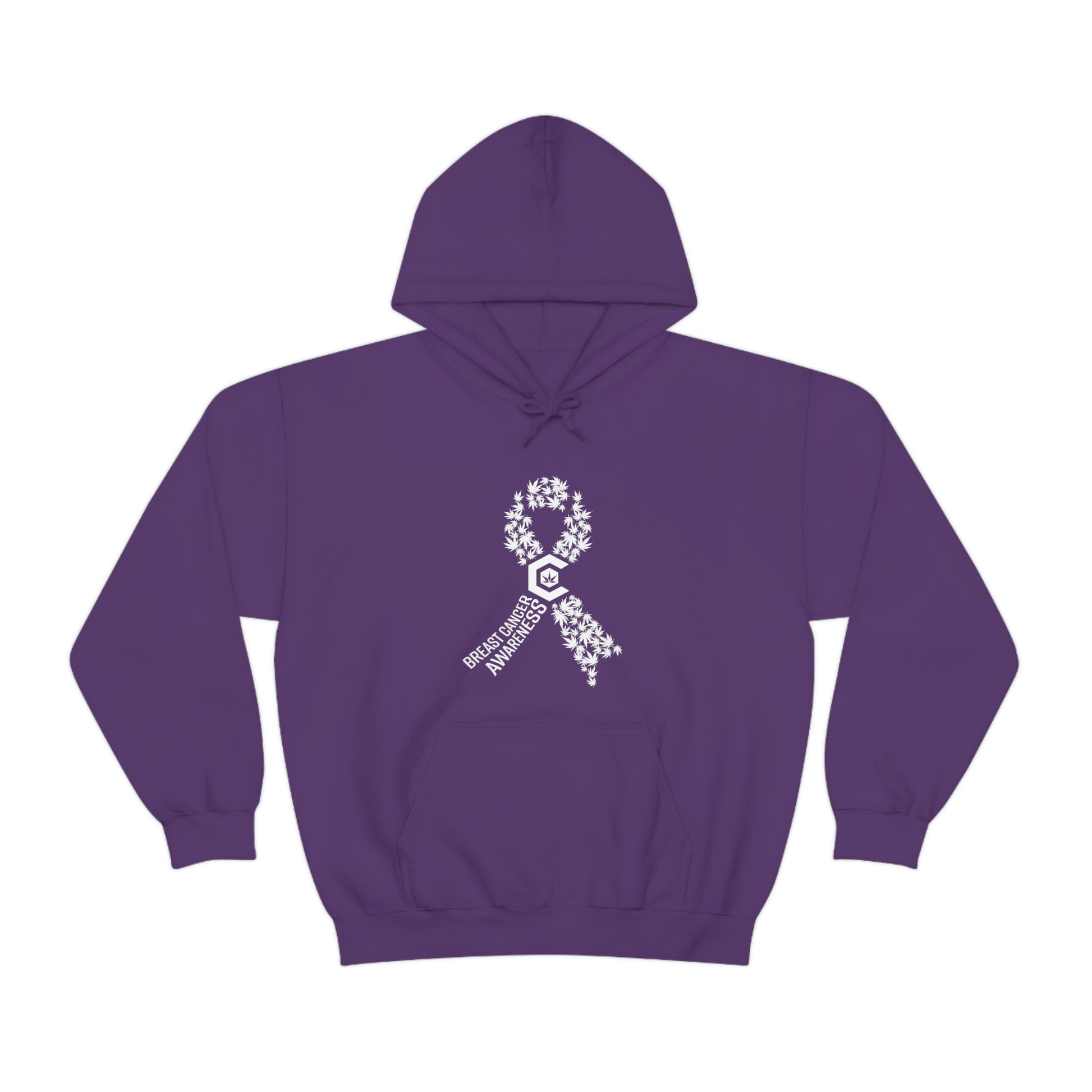 a Breast Cancer Awareness Cannabis Pullover Hoodie with a ribbon on it.