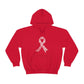 a Breast Cancer Awareness Cannabis Pullover Hoodie with a white ribbon on it.