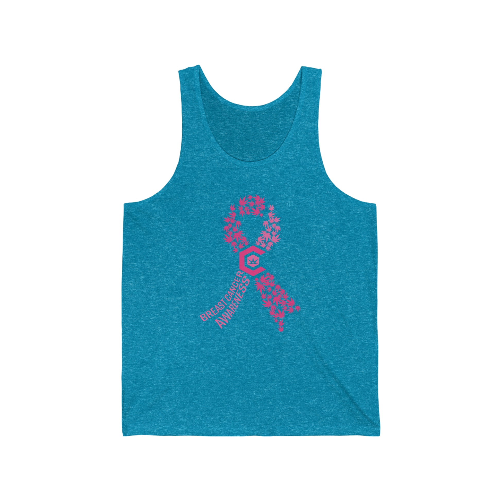 a Breast Cancer Awareness Cannabis Jersey Tank with a pink ribbon on it.