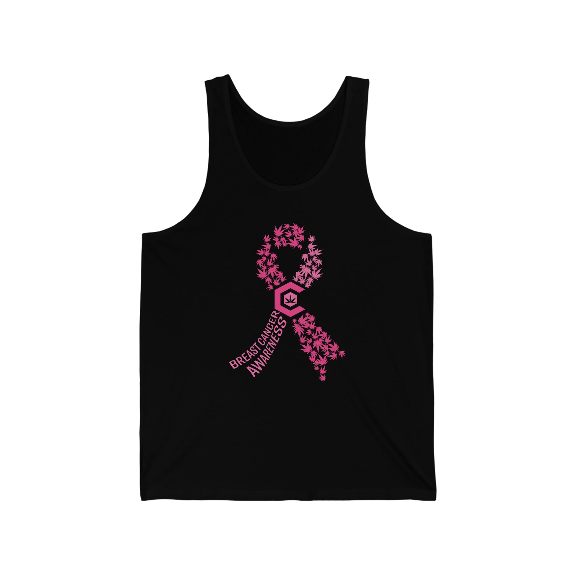 A Breast Cancer Awareness Cannabis Jersey Tank with a pink breast cancer ribbon on it.