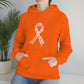 a woman wearing a Breast Cancer Awareness Cannabis Pullover Hoodie with a white ribbon on it.