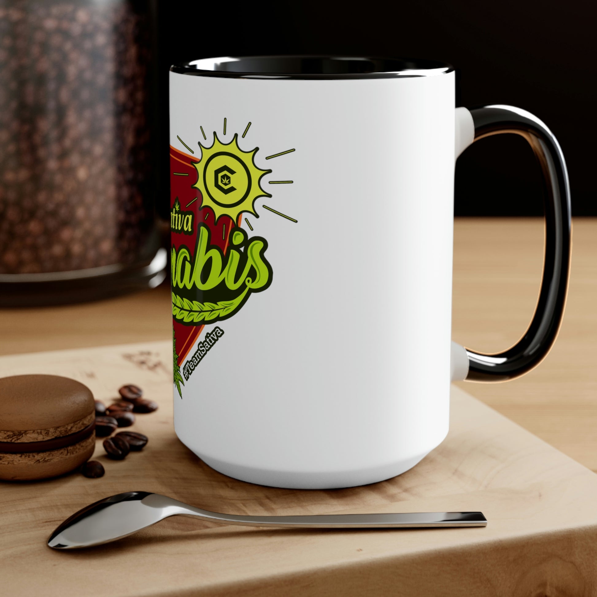 a Team Sativa Cannabis Coffee Mug with a heart on it and coffee beans.
