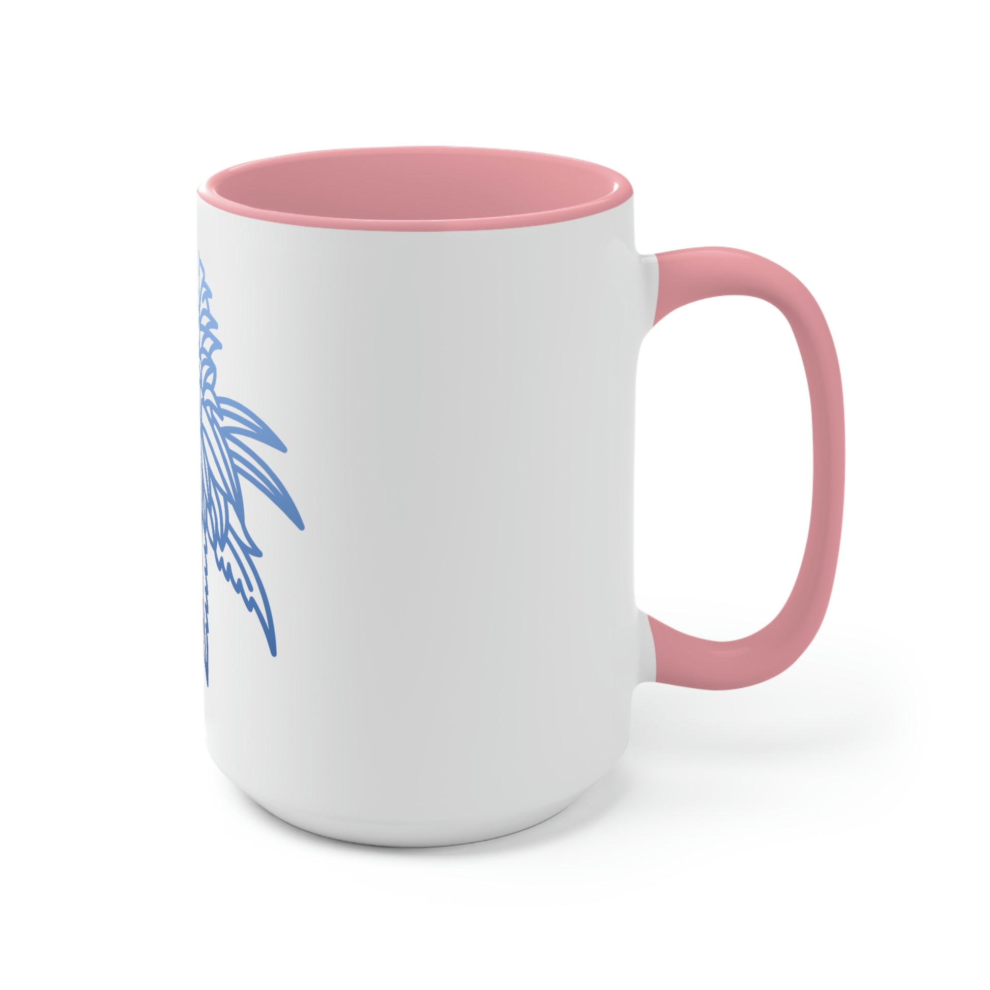 a white and pink Blue Dream Cannabis Coffee Mug with a blue flower on it.