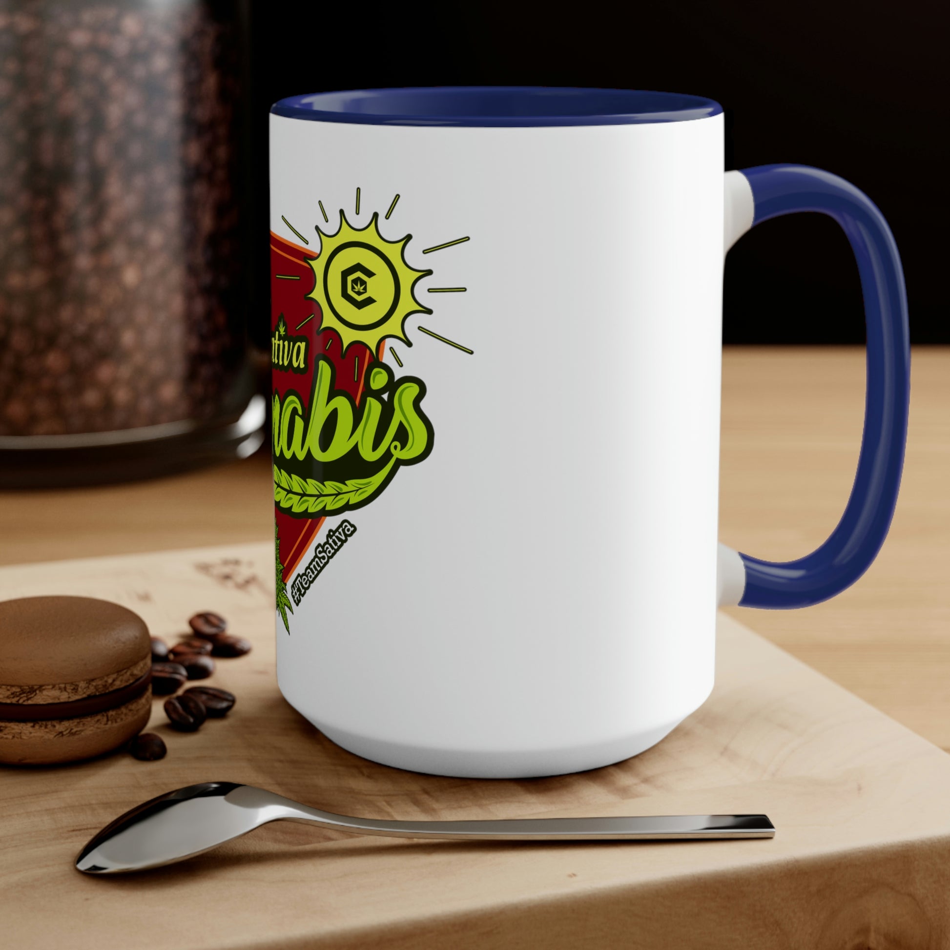 a Team Sativa Cannabis Coffee Mug with the word cbd on it.