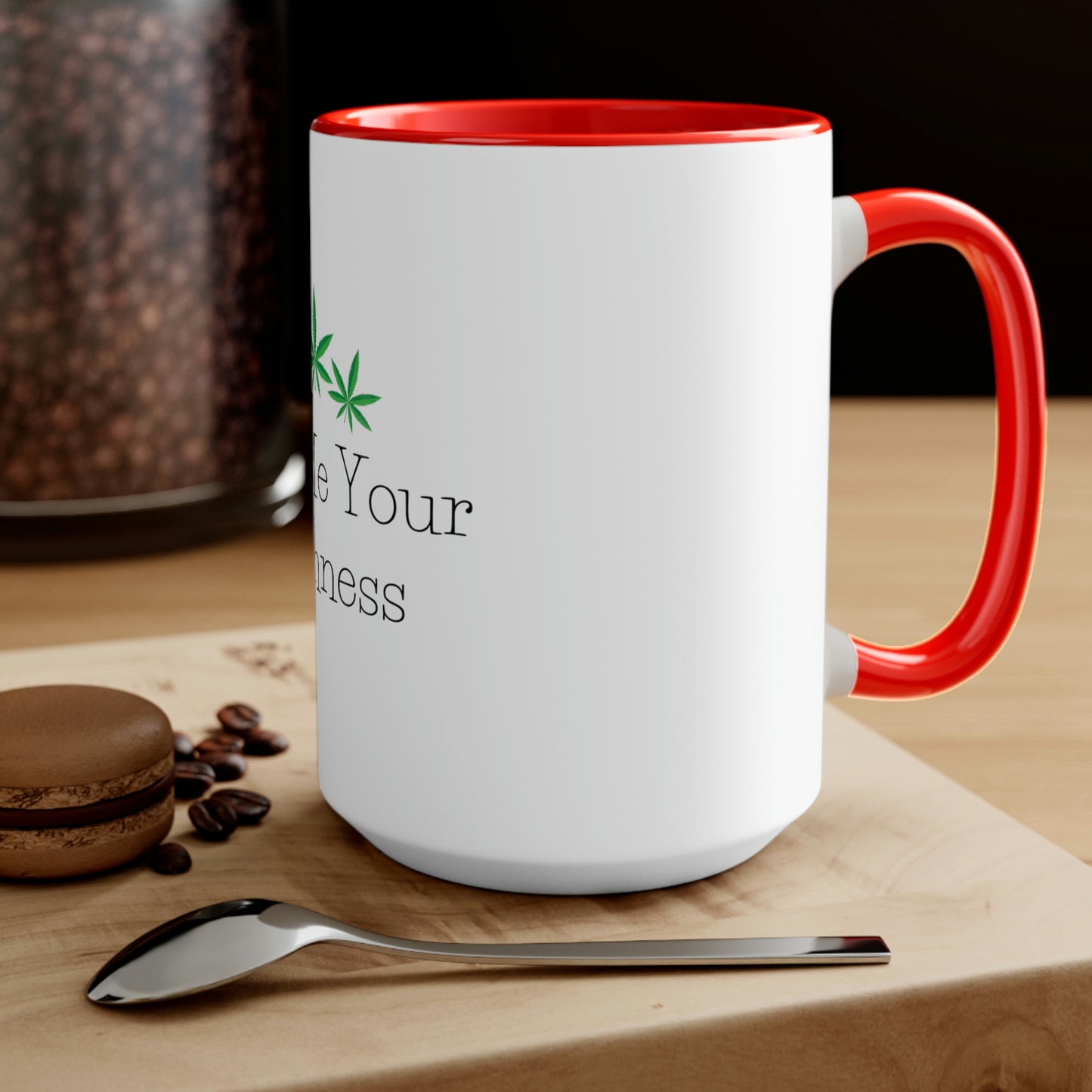 a Call Me Your Highness Coffee Mug with a spoon and coffee beans on it.