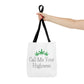 A hand stretched out clasping the Call Me Your Highness Green Weed Leaf Tote Bag
