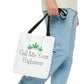 A man is hurriedly walking while carrying the Call Me Your Highness Green Cannabis Leaf Tote Bag