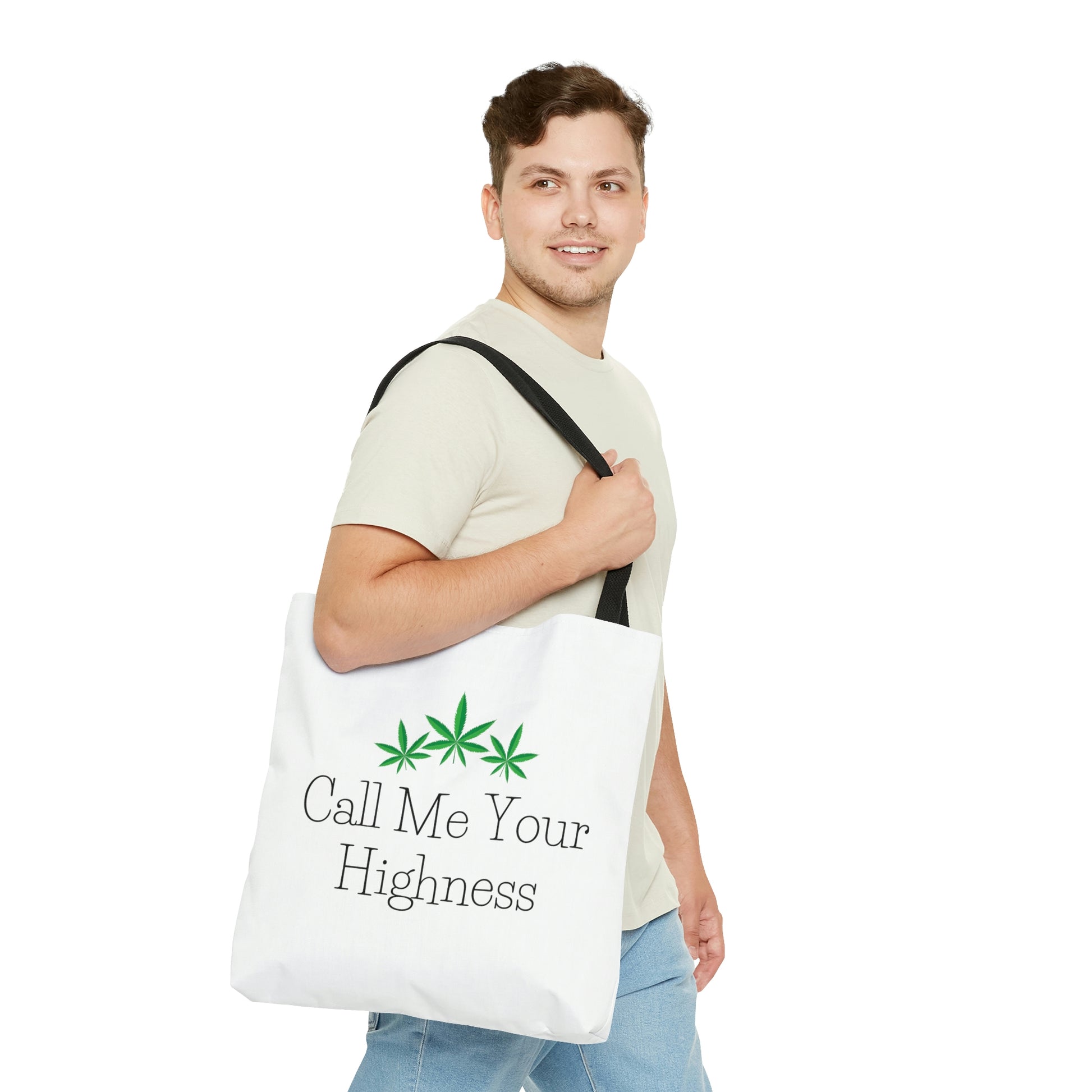 A man walks brightly with a smile while he wears the Call Me Your Highness Green Leaf Tote Bag