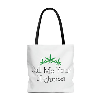 A nice design on the Call Me Your Highness Green Leaf Tote Bag that has weed leaves and black lettering