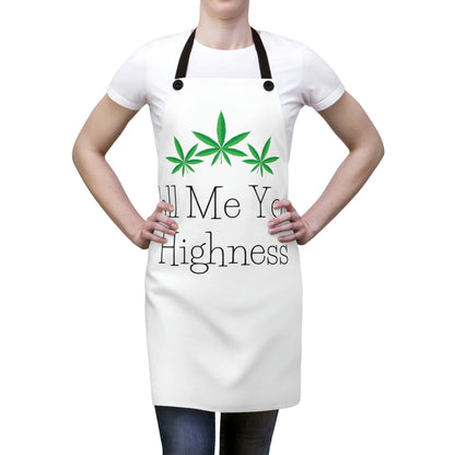 woman dressed in the Call Me Your Highness Weed Chef's apron with green cannabis leaves