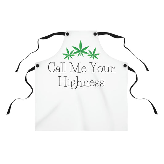 Close up of the Call Me Your Highness Weed Chef's Apron in white black and green