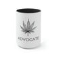 a black and white cannabis coffee mug with a marijuana leaf above the words "advocate"