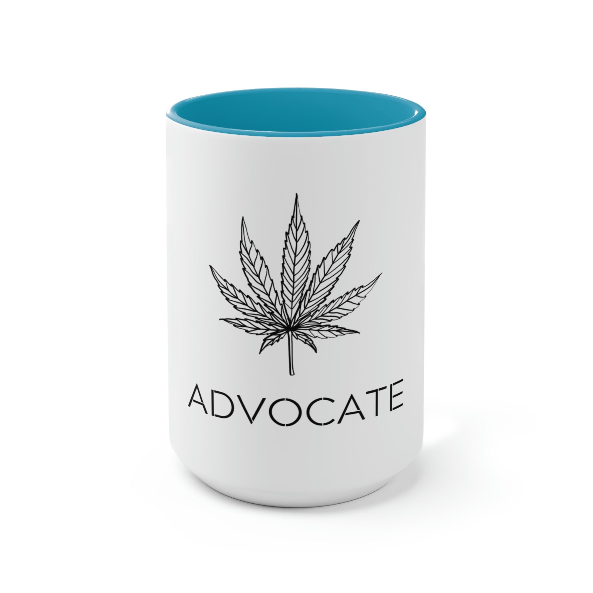 a light blue and white cannabis coffee mug with a marijuana leaf above the words "advocate"