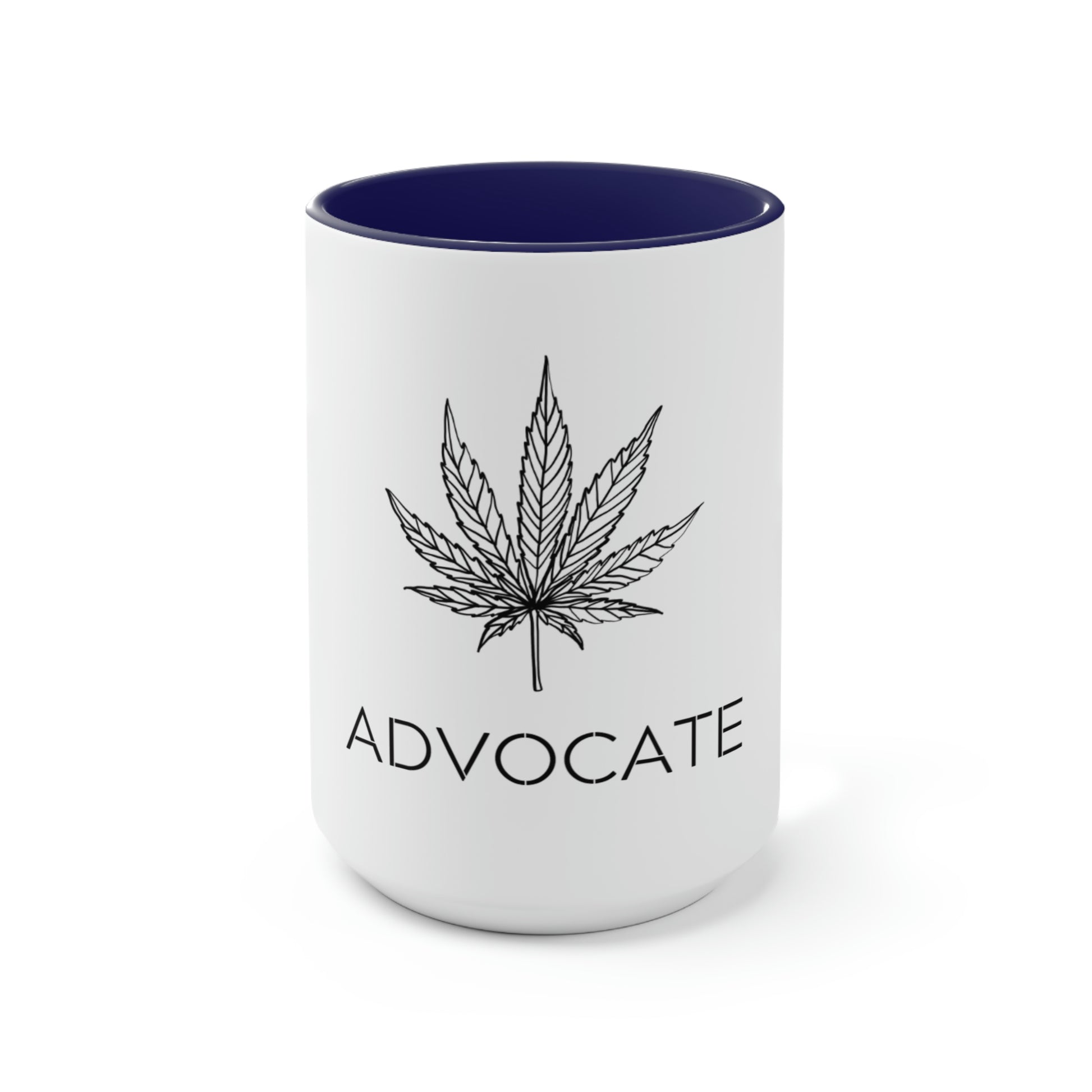 a navy blue and white Cannabis Advocate Mug with the word advocate on it.