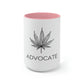 a white and pink Cannabis Advocate Mug with the word advocate on it.