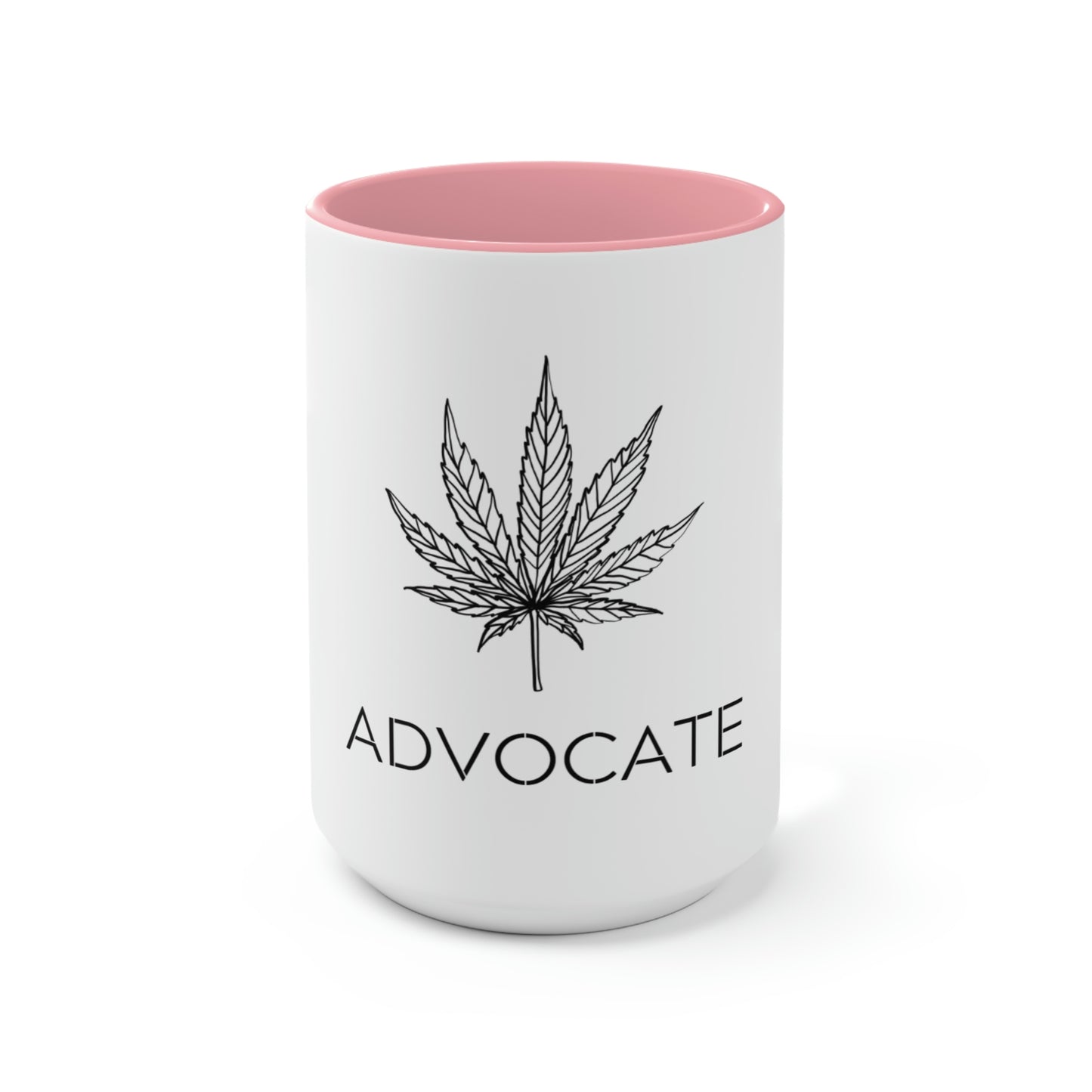 a white and pink Cannabis Advocate Mug with the word advocate on it.