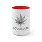 a white and red Cannabis Advocate Mug with the word advocate on it.