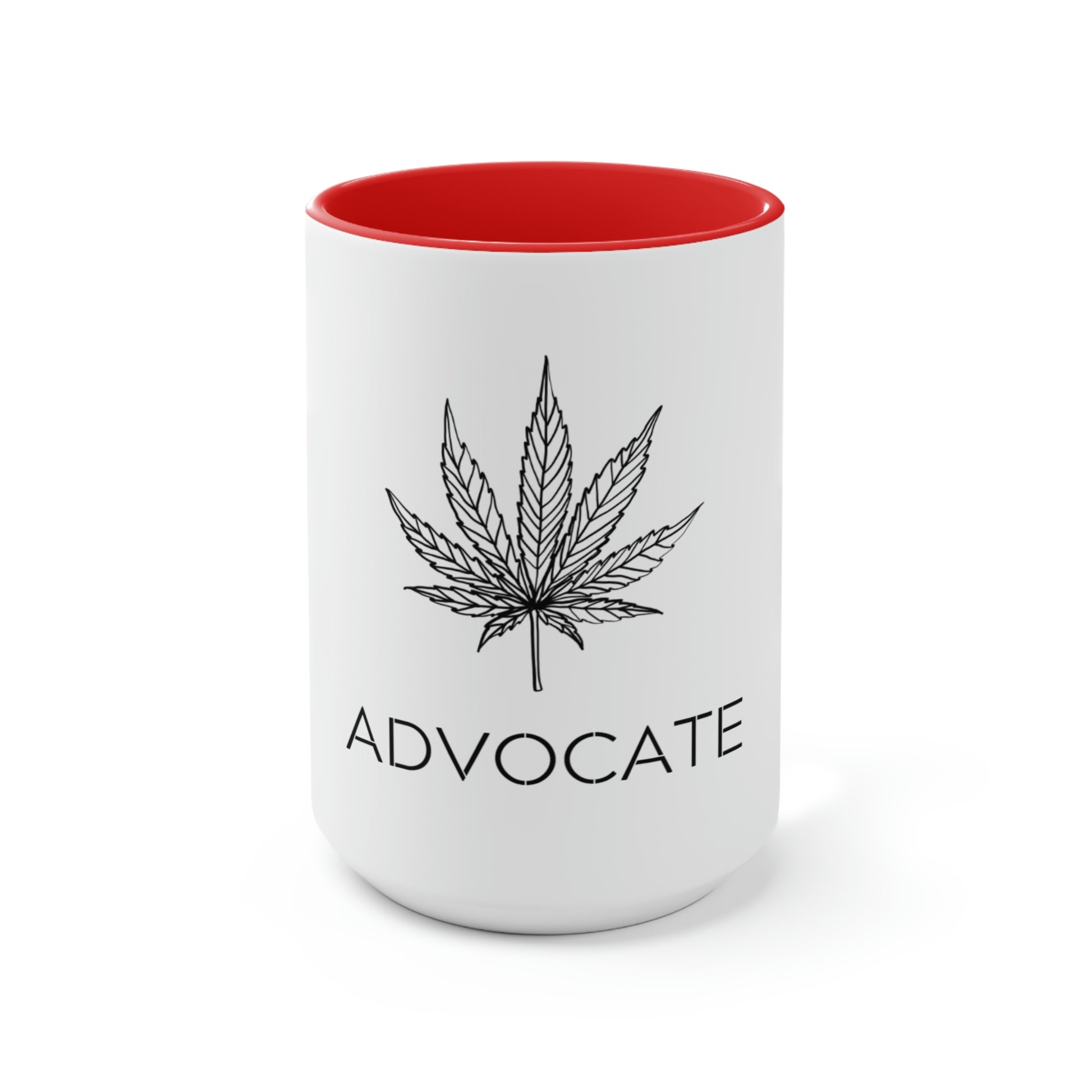 a white and red Cannabis Advocate Mug with the word advocate on it.