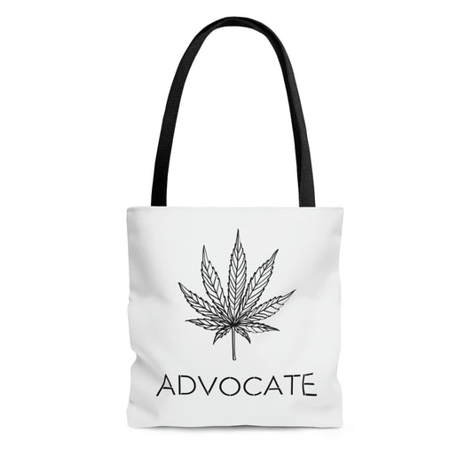 A white Marijuana Advocate squared tote bag designed for the cannabis advocate in your life