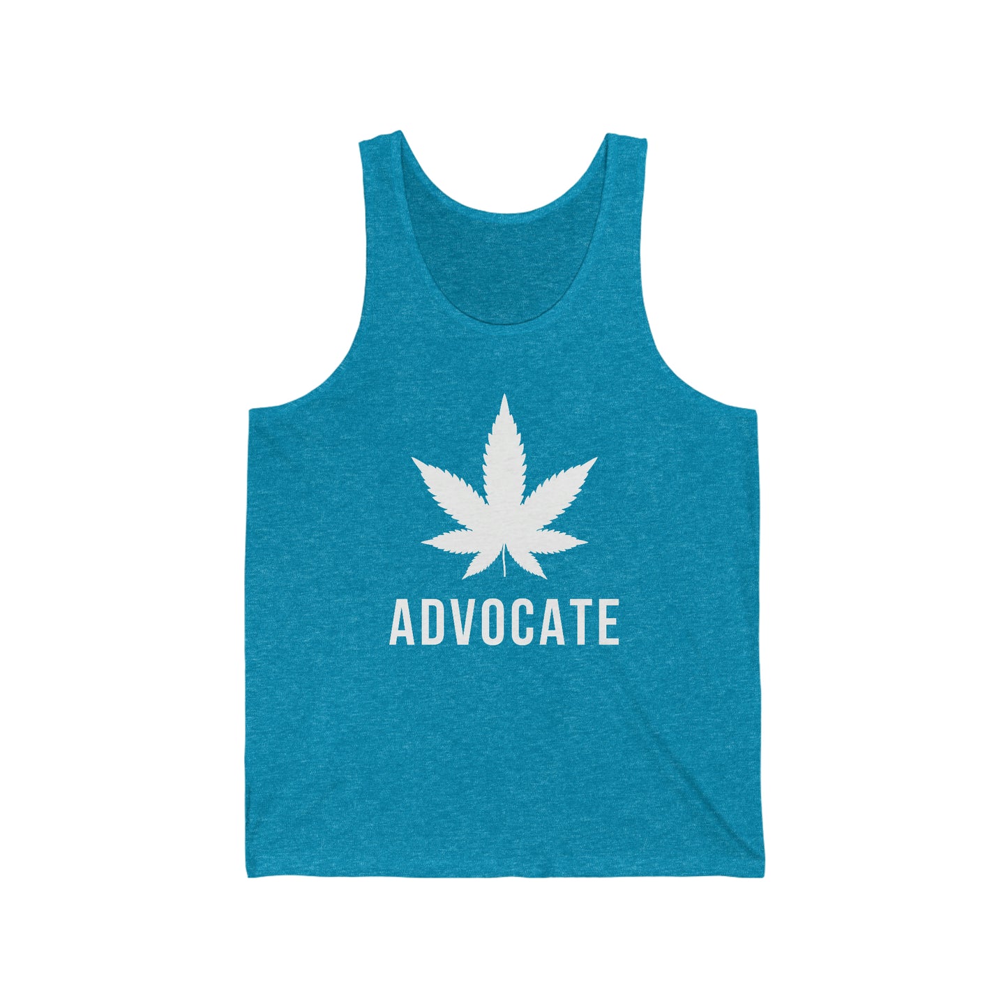 a blue Cannabis Advocate Jersey Tank with the word advocate on it.