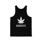 a black Cannabis Advocate Jersey Tank with the word advocate on it.