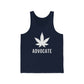 A navy blue jersey tank that reads "advocate" in big white letters, with a bigger marijuana leaf featured on the front and center.