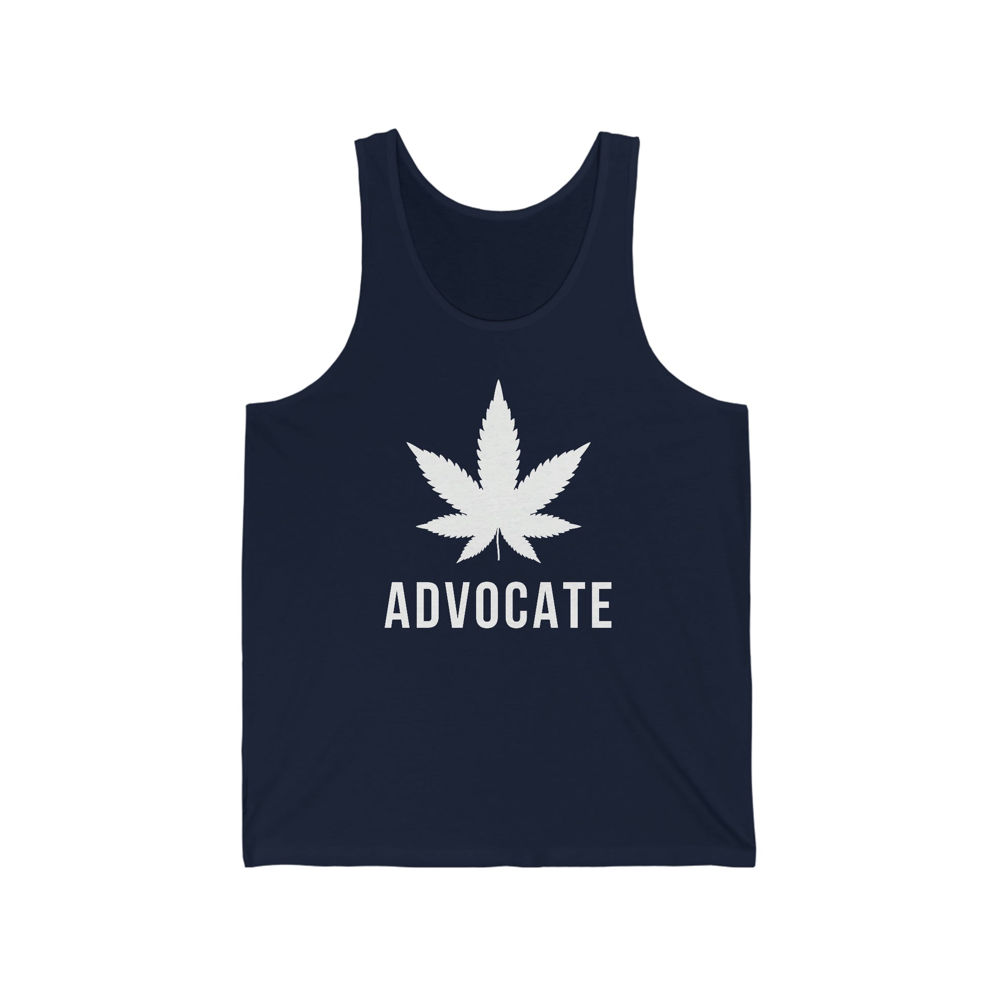 A navy blue jersey tank that reads "advocate" in big white letters, with a bigger marijuana leaf featured on the front and center.