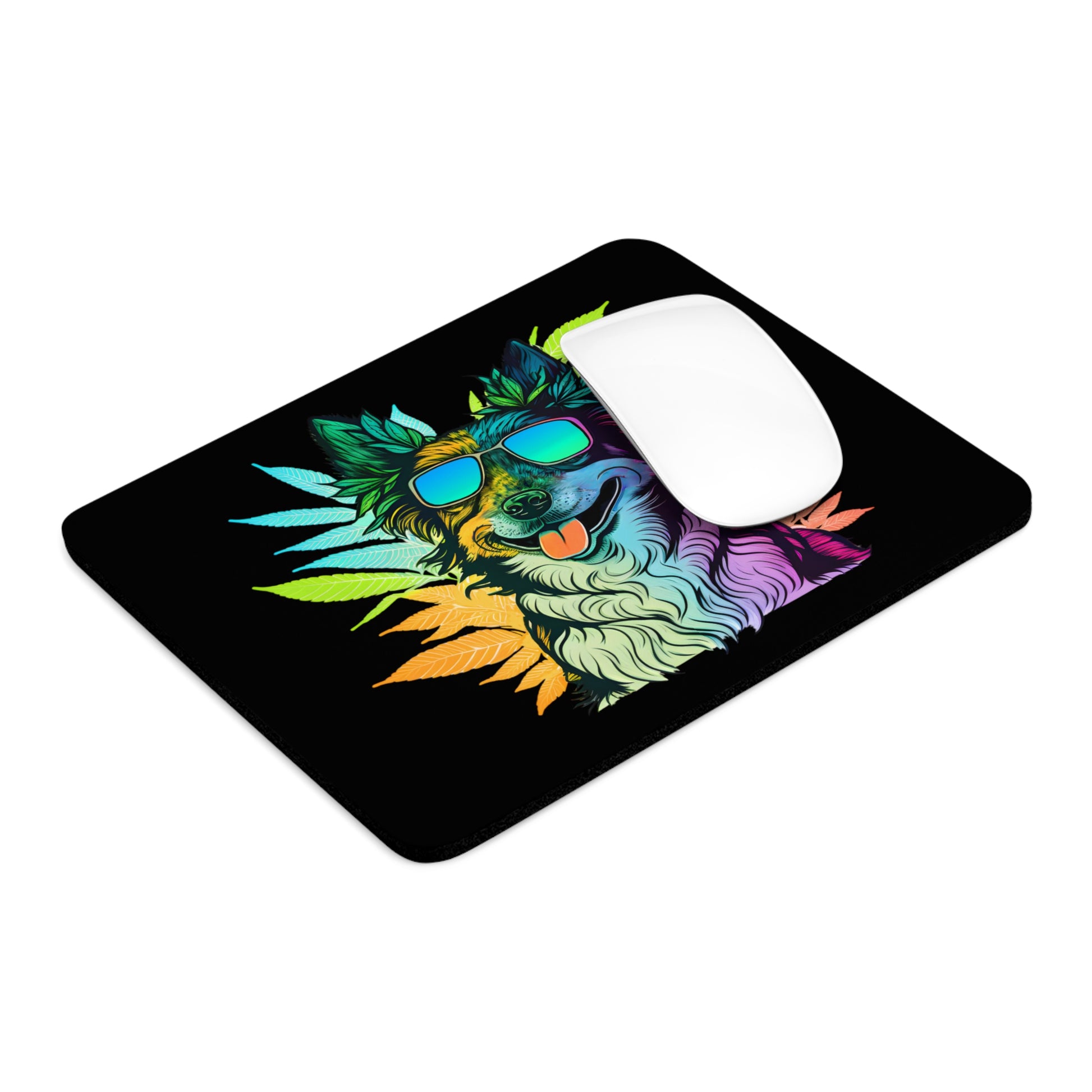 The square Cannabis Border Collie Mouse Pad positioned to show the cool multi colored design with white mouse to give you the complete look.