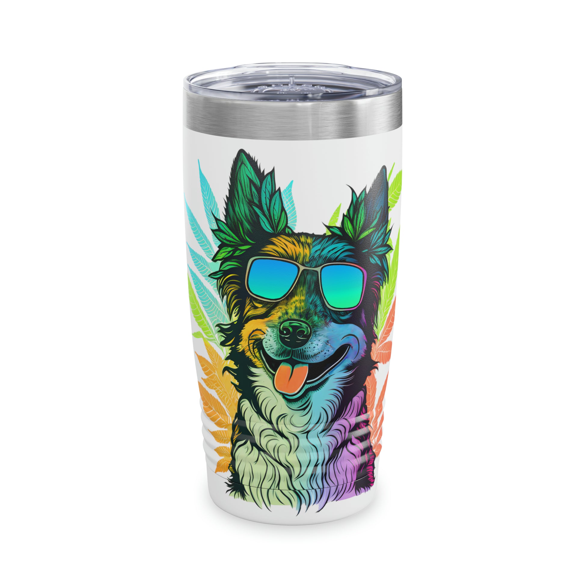 a Cannabis Border Collie Tumbler with an image of a dog wearing sunglasses.