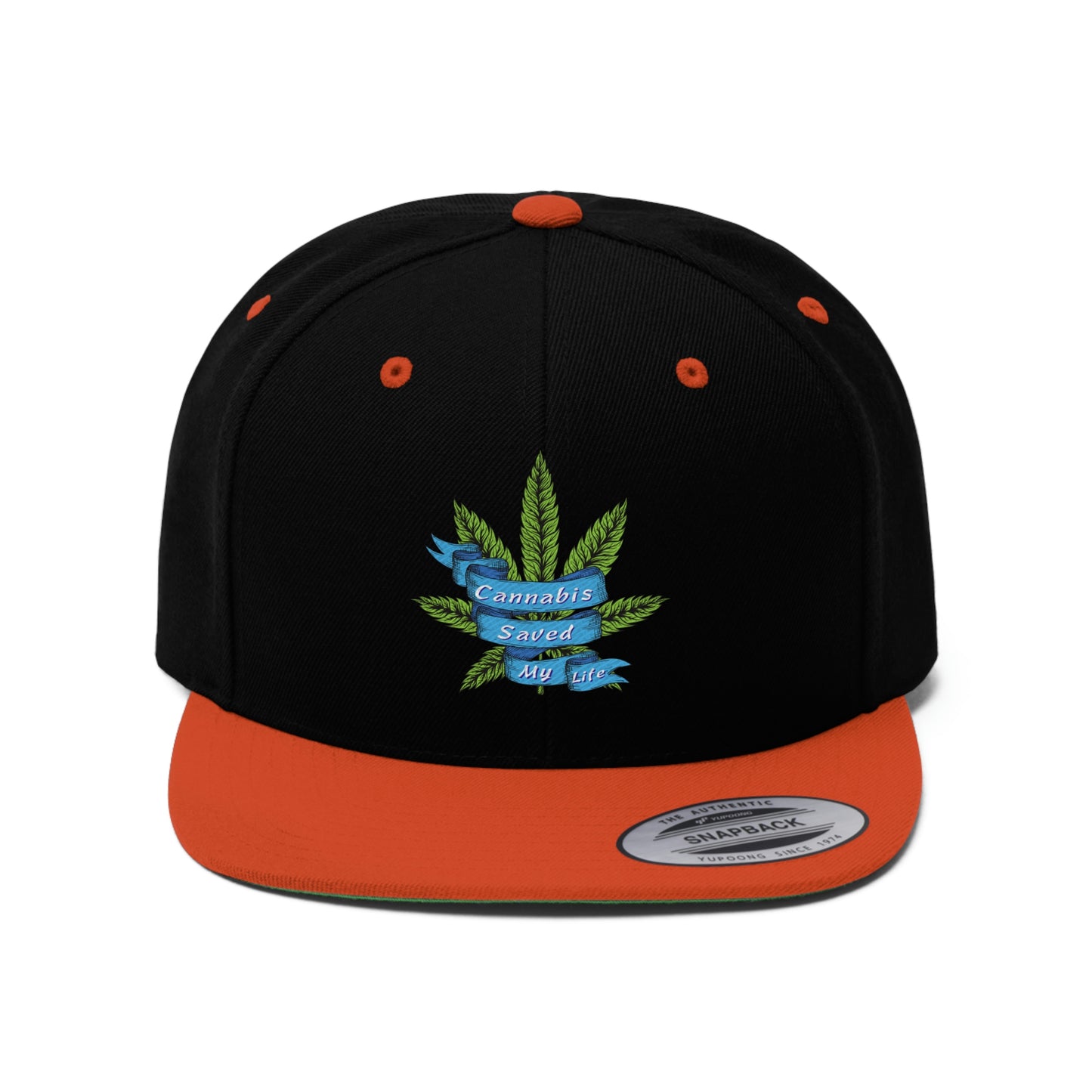 the orange and black Cannabis Saved My Life Snapback Hat with weed leaf