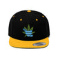 Close up of the black and gold Cannabis Saved my Life Snapback Hat with cannabis leaf