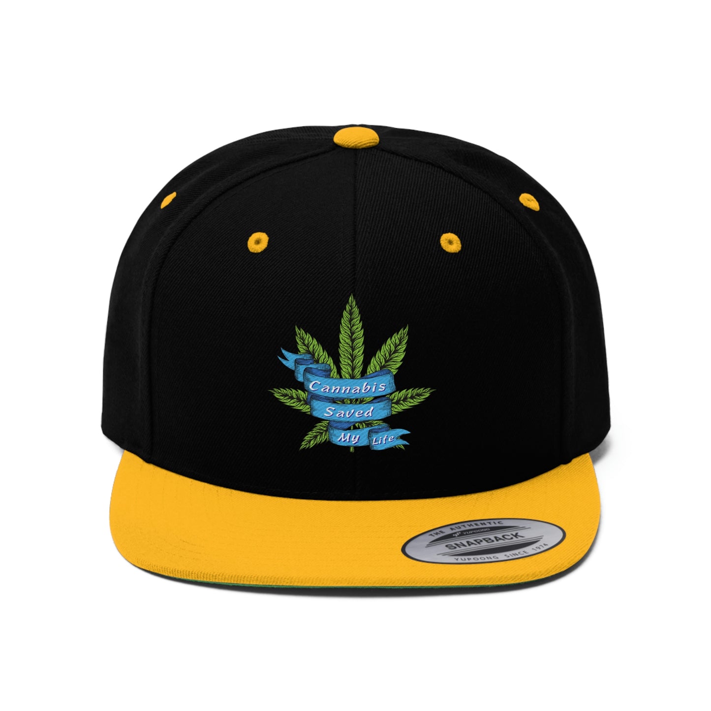 Close up of the black and gold Cannabis Saved my Life Snapback Hat with cannabis leaf