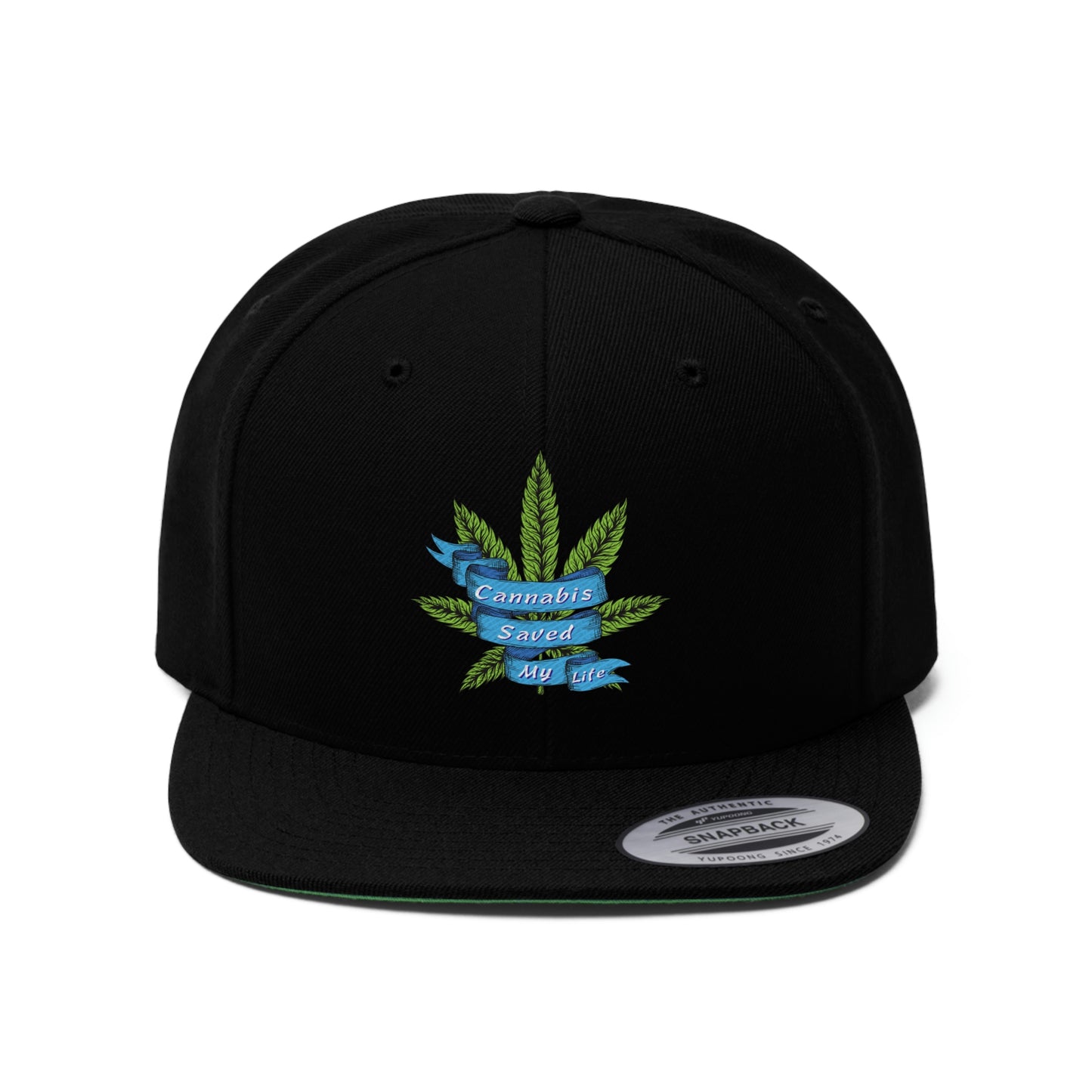 close up of the all black Cannabis Saved My Life Snapback Hat with green marijuana leaf
