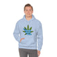 A young man wearing a light blue colored Cannabis Saved My Life hoodie.